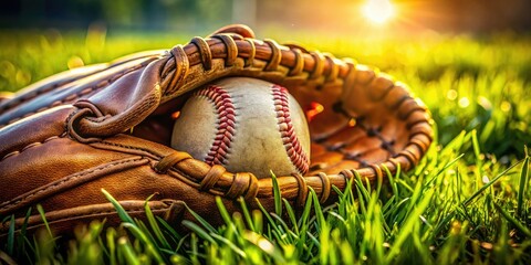 Close-up macro reveals a weathered baseball glove and ball nestled in vibrant green grass.