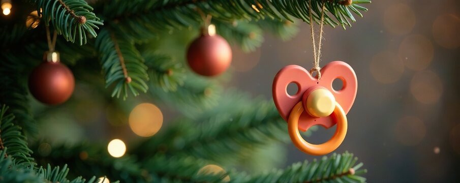 Hanging pacifier from a Christmas tree branch, hanging, branch, decorations