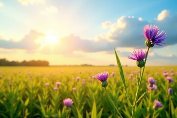 Obraz premium Flax plants swaying gently in the warm breeze, field, sunshine