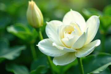 Fototapeta premium Delicate white petals unfurl amidst soft green foliage, gentle layers, delicate blooms