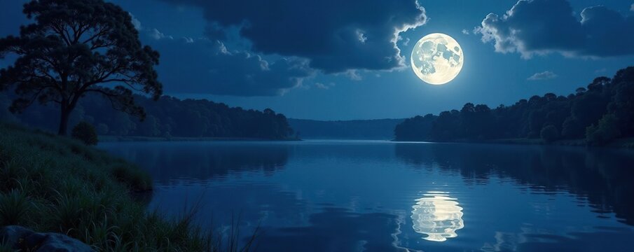 Full moon casts a silver glow over the pond's surface, surface, serene