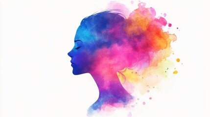 Silhouette of a woman's profile vibrant watercolor splash, abstract colorful blend blue purple