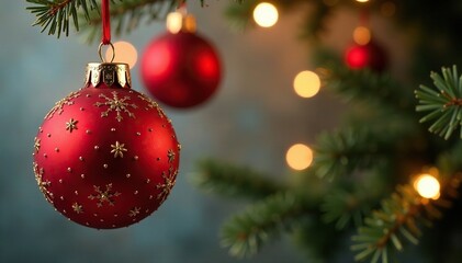 Red and gold Christmas ball hanging from a string, seasonal hangings, holiday decoration, red strings