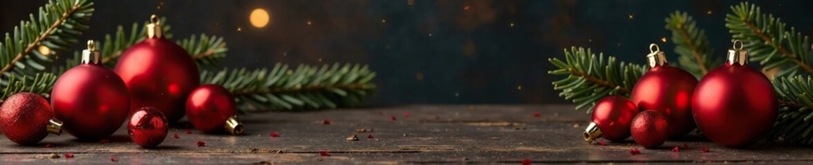 Fototapeta premium Red and gold ornaments placed on a dark wooden table, decorative items, dark background, seasonal decor