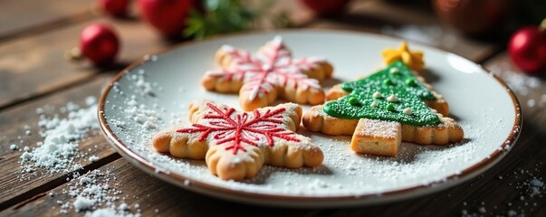 Fototapeta premium Powdered sugar on a plate with three Christmas tree-shaped cookies and nuts, icing, holiday, sugar