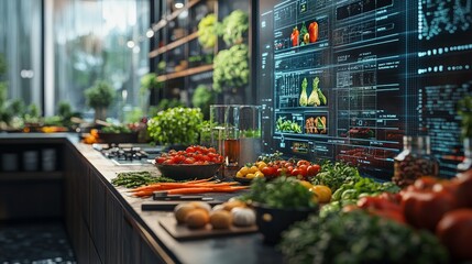 A futuristic kitchen with holographic displays and fresh produce, symbolizing smart home advancements.