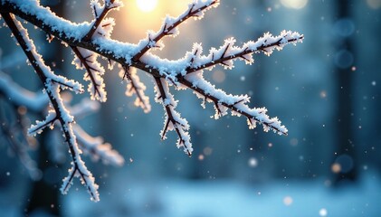 Obraz premium Sparkling snowflakes fall on the branches of a frosty tree, forest, crystal, sparkly