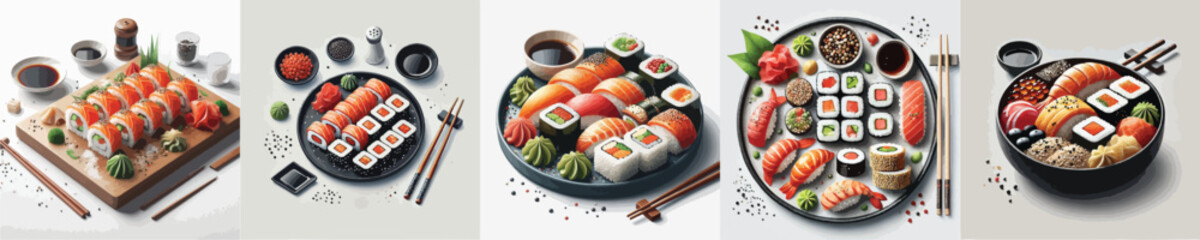 vector set of very delicious sushi dishes