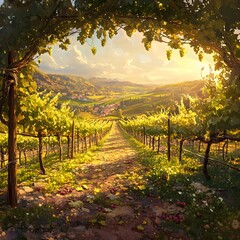 Naklejka premium Lush Vineyard with Rolling Hills and Partly Cloudy Sky