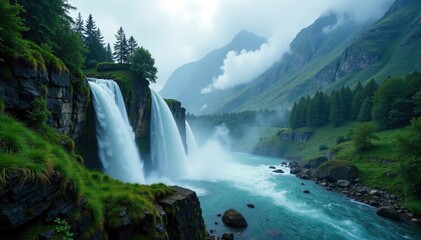 Misty waterfall in a misty mountain environment, atmospheric, serenity, landscape