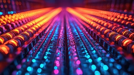 Obraz premium Vibrant neon circuit board with illuminated led patterns in blue and orange