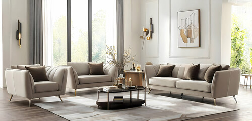 A spacious and elegant living room with top-tier furniture, offering a contemporary, luxurious feel.