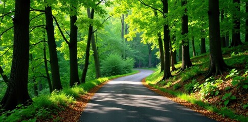 Fototapeta premium A winding road through a forest with fallen trees and leaves, landscape, green path