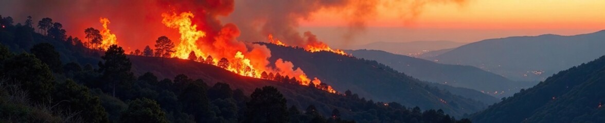 Flames engulfing a hillside with dense foliage, nature, hills, wildfire