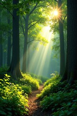 peaceful forest scene with sunlight filtering, greenery, sunlight