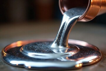 Shiny liquid silver flowing into a copper container, container, fluid, silver