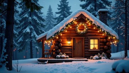Fototapeta premium The cabin's roof is adorned with a wreath of sparkling evergreen branches, cozy, glowing
