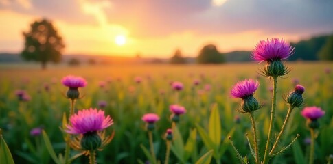 Obraz premium A meadow awakens at dawn as thistles begin to unfurl their delicate blooms, nature, landscape, morning meadow
