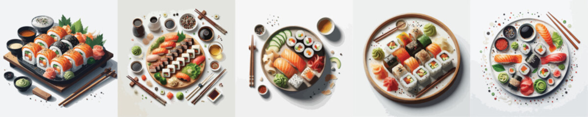 vector set of very delicious sushi dishes