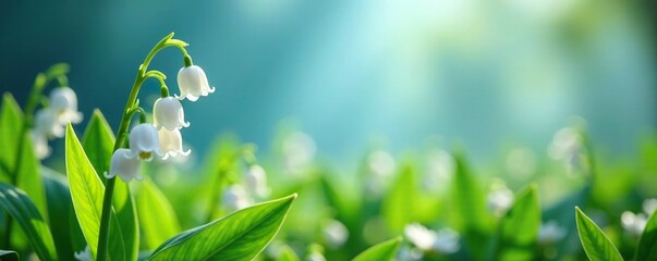 Obraz premium Lily of the valley flowers swaying gently in sunlight with blue background, foliage, flowers