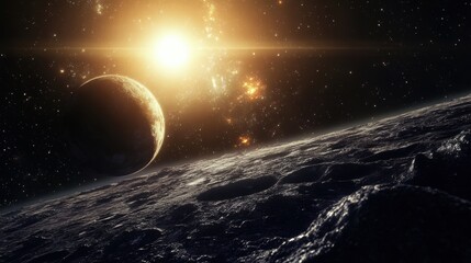 Fototapeta premium A Distant Planet with a Bright Star and a Rocky Surface