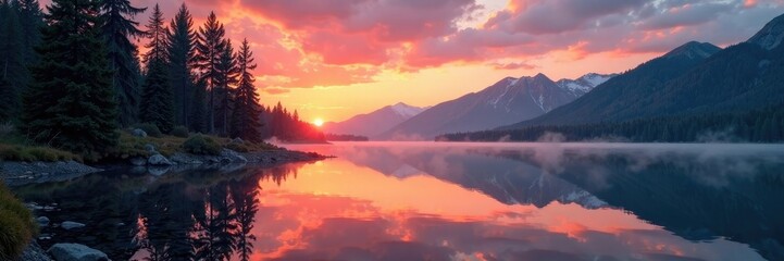 Fototapeta premium Towering pine trees reflected in calm Muncho Lake waters, sunset, , muncho