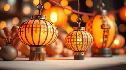 Obraz premium Luxurious Chinese lanterns are prominently displayed, with sharp focus and soft, textured background