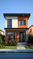 Modern architectural design of a two-story house in a suburban neighborhood with a clear blue sky
