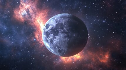 Obraz premium A solitary, cratered moon against a backdrop of stars and nebulae