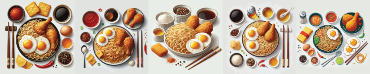 vector set of egg noodle and fried chicken dishes