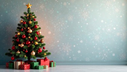 Colorful Christmas tree with ornaments on the wall, Holiday, Decorations