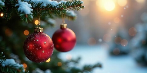 Obraz premium Red and gold ornaments hanging from a Christmas tree branch, gold, winter