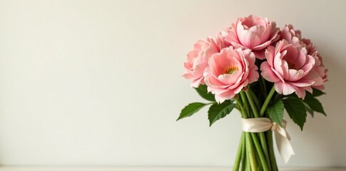 Fototapeta premium Delicate tuberose flowers in a lush green stem bouquet, cream ribbon, tuberose flowers
