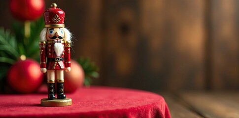Delicate Christmas nutcracker figurine on a velvet-covered table, , wooden, flowers