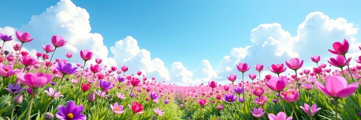 Fototapeta premium A field of pink and purple flowers sways in the wind under a clear blue sky with white clouds, purple, garden