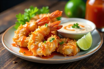Crispy coconut shrimp on a plate with lime dipping sauce and sweet chili sauce drizzle, foodie, citrus, juicy