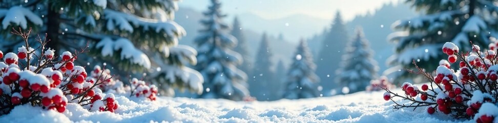 Pine trees and berry bushes with snowflakes falling in the background, snowy, icy
