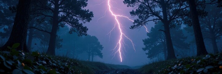 Twin lightning illuminates a dark mysterious forest at dusk, stormyweather, insects