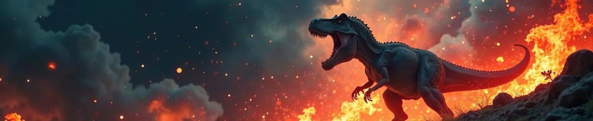 Fototapeta premium Dinosaur roars with fiery intensity amidst falling stars and flames, primal, chaotic, wild