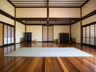 Spacious room for martial arts practicing. Traditional interior for dojo or karate school hall.