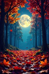 Obraz premium Falling leaves create a colorful carpet under the full moon, foliage, forest, full moon
