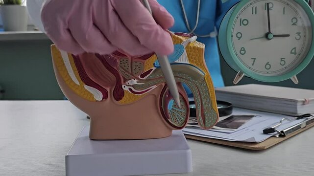 Urologist and anatomy of the penis with an alarm clock. Examination of male genital organs and time of male health 