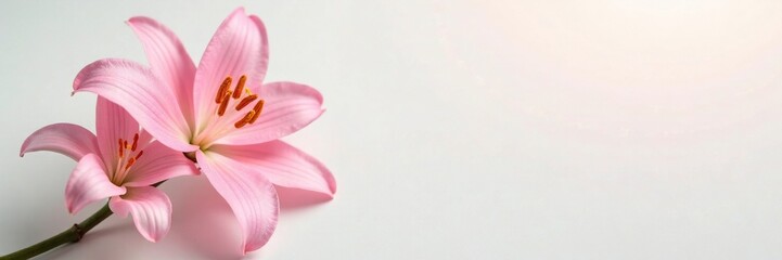 Naklejka premium Delicate pink lily blooms on pristine white surface, pure, delicate