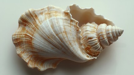 Obraz premium Detailed close-up of a large seashell showcasing intricate patterns and colors on a neutral background