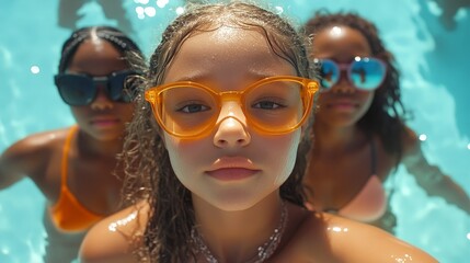 A group of children in colorful sunglasses enjoying a day at the pool, with a focus on a young girl smiling.