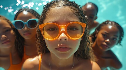 A group of children in colorful sunglasses enjoying a day at the pool, with a focus on a young girl smiling.
