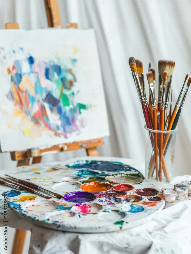 Poster Colorful artistic workspace featuring a paint palette, brushes, and easel for expression and creativity. Generative AI