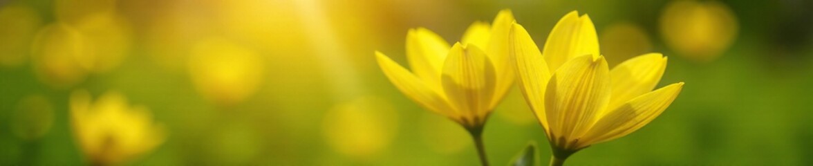 Fototapeta premium Bright yellow petals unfolding from green stem, blooming, sunny
