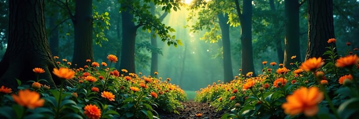 Glowing floral blooms in a dense green forest with towering trees, glowing, forest