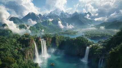 Fototapeta premium A Lush Tropical Landscape with Majestic Waterfalls and Snow-Capped Mountains